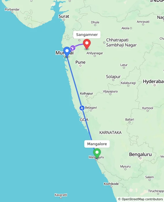 Route map showing distance and travel time from Mangalore, India to Sangamner, India