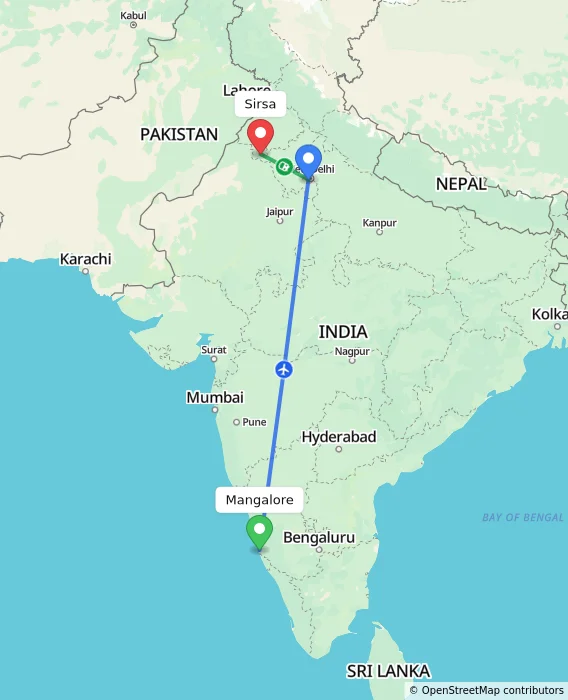 Route map showing distance and travel time from Mangalore, India to Sirsa, India