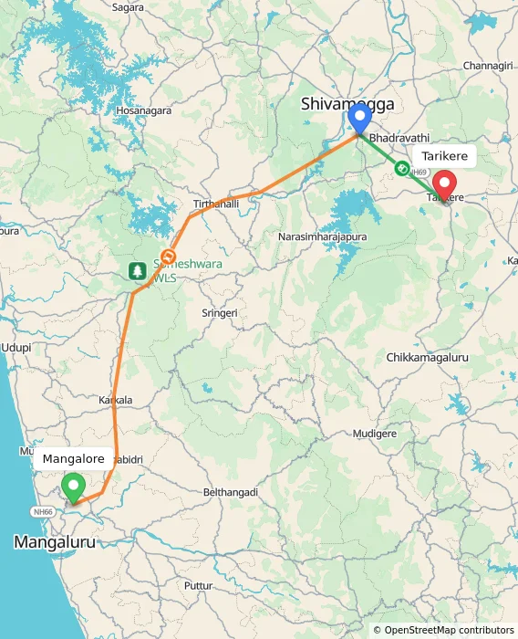 Route map showing distance and travel time from Mangalore, India to Tarikere, India