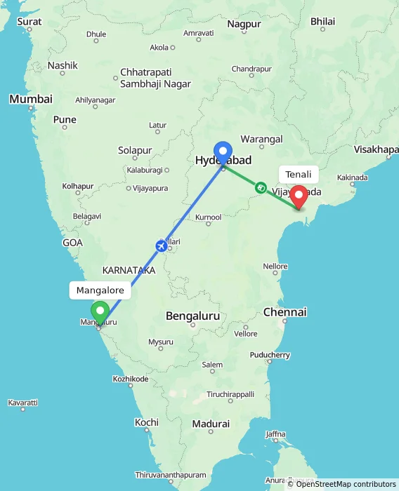 Route map showing distance and travel time from Mangalore, India to Tenali, India