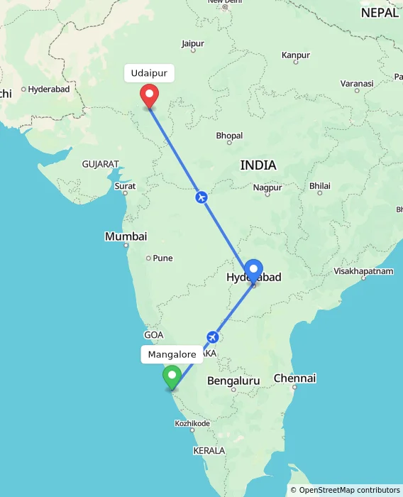 Route map showing distance and travel time from Mangalore, India to Udaipur, India