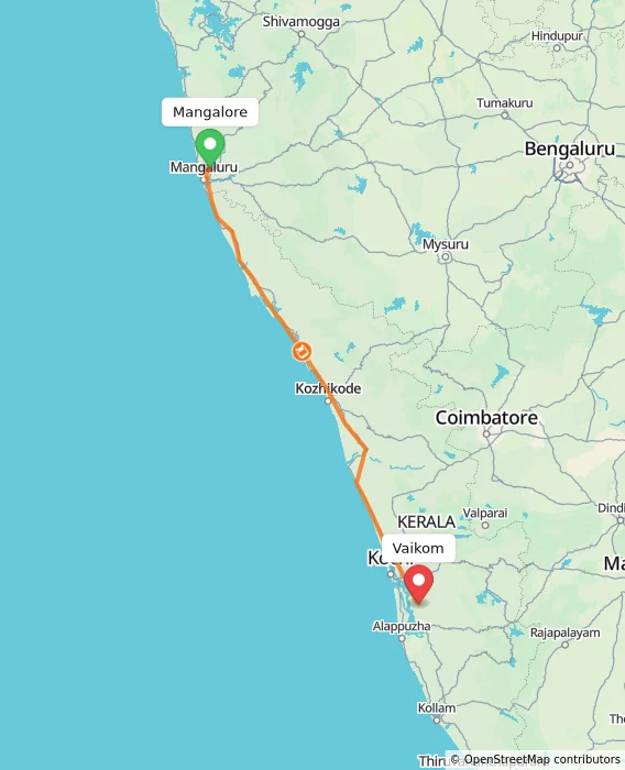 Route map showing distance and travel time from Mangalore, India to Vaikom, India