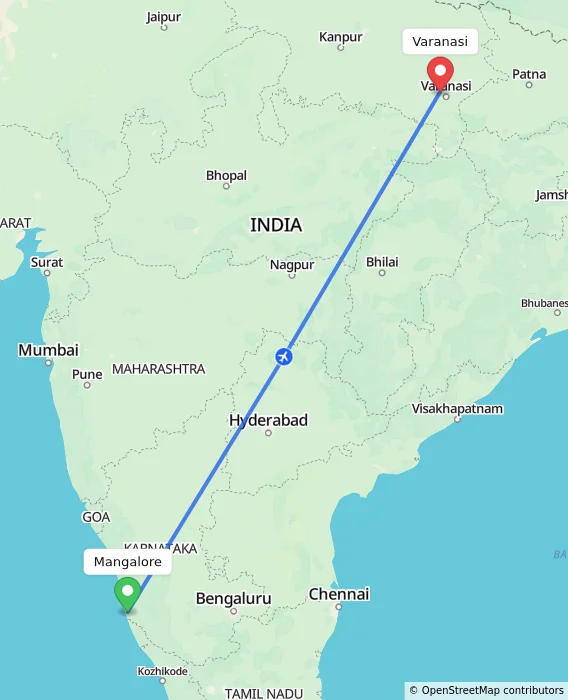 Route map showing distance and travel time from Mangalore, India to Varanasi, India