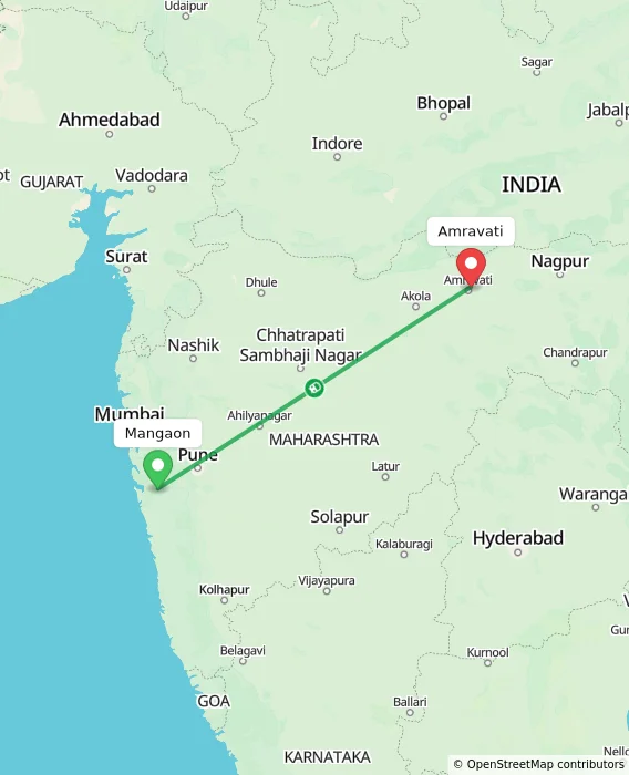 Route map showing distance and travel time from Mangaon, India to Amravati, India