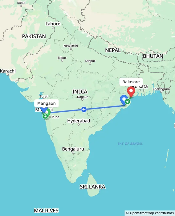 Route map showing distance and travel time from Mangaon, India to Balasore, India