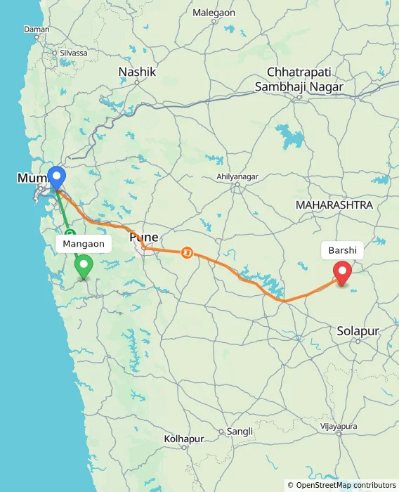 Route map showing distance and travel time from Mangaon, India to Barshi, India