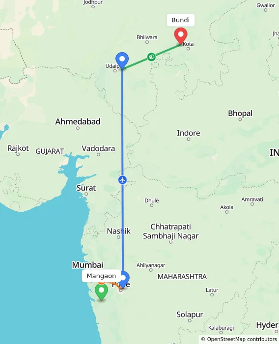 Route map showing distance and travel time from Mangaon, India to Bundi, India