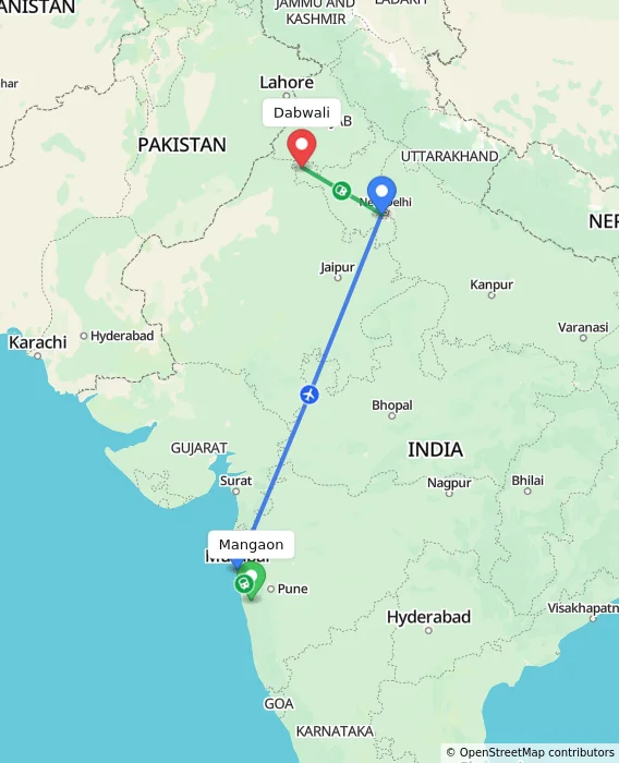Route map showing distance and travel time from Mangaon, India to Dabwali, India