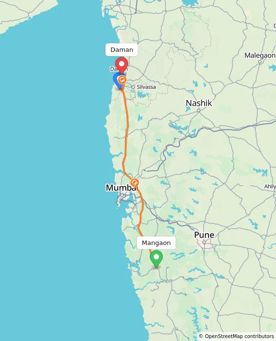 Route map showing distance and travel time from Mangaon, India to Daman, India