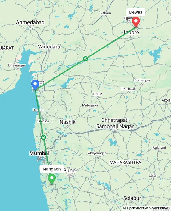 Route map showing distance and travel time from Mangaon, India to Dewas, India