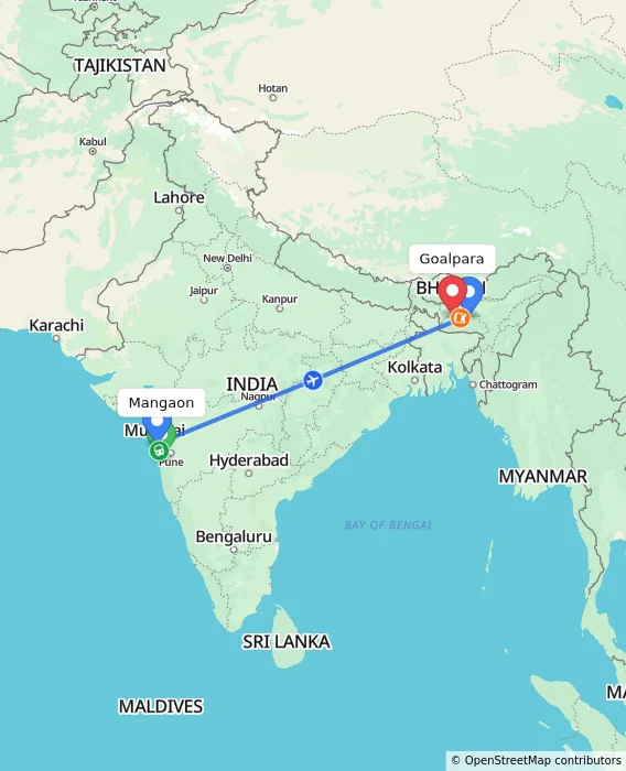 Route map showing distance and travel time from Mangaon, India to Goalpara, India