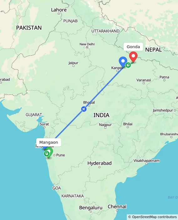 Route map showing distance and travel time from Mangaon, India to Gonda, India