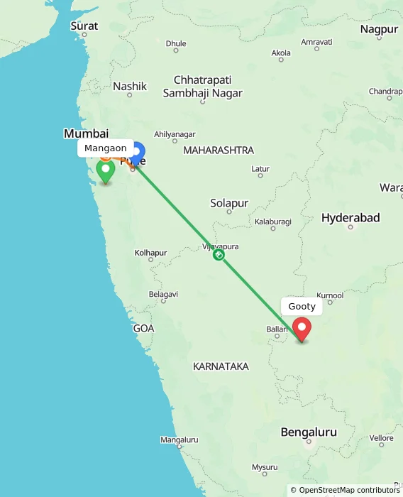 Route map showing distance and travel time from Mangaon, India to Gooty, India