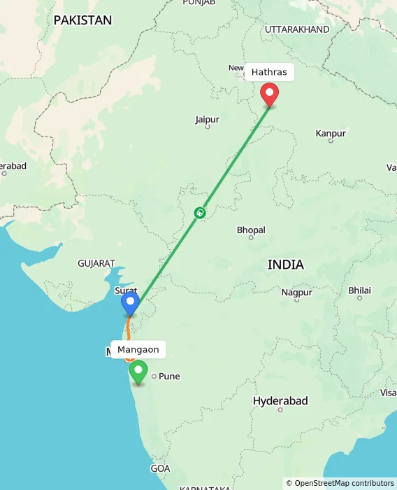 Route map showing distance and travel time from Mangaon, India to Hathras, India