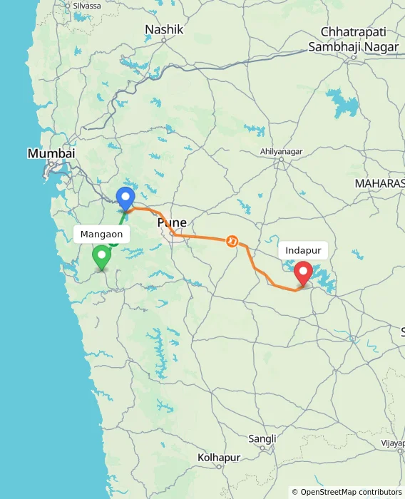 Route map showing distance and travel time from Mangaon, India to Indapur, India