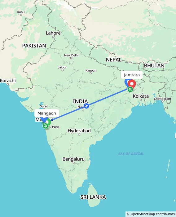 Route map showing distance and travel time from Mangaon, India to Jamtara, India