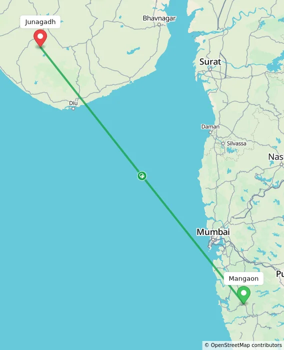Route map showing distance and travel time from Mangaon, India to Junagadh, India