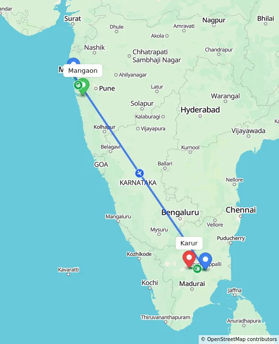 Route map showing distance and travel time from Mangaon, India to Karur, India