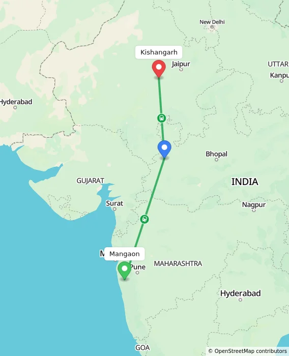 Route map showing distance and travel time from Mangaon, India to Kishangarh, India