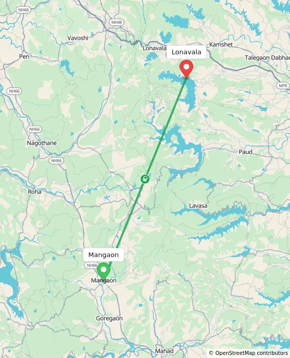 Route map showing distance and travel time from Mangaon, India to Lonavala, India