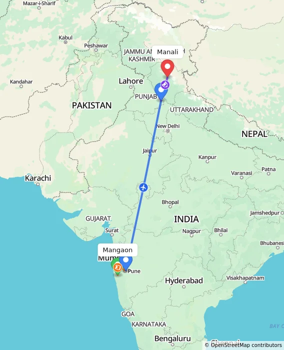 Route map showing distance and travel time from Mangaon, India to Manali, India