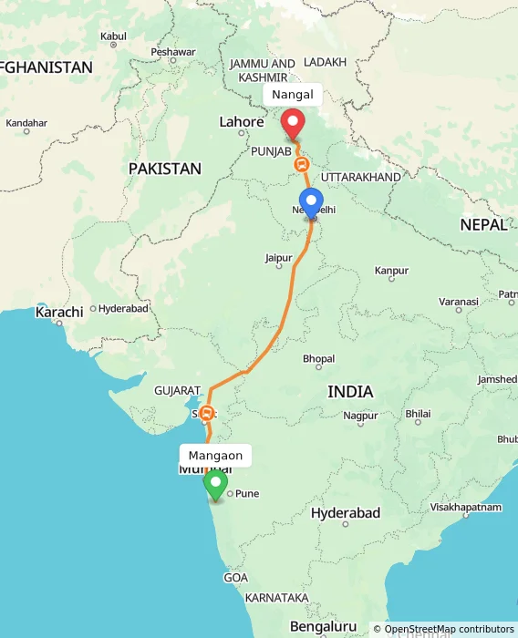 Route map showing distance and travel time from Mangaon, India to Nangal, India