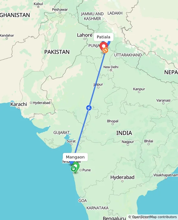 Route map showing distance and travel time from Mangaon, India to Patiala, India