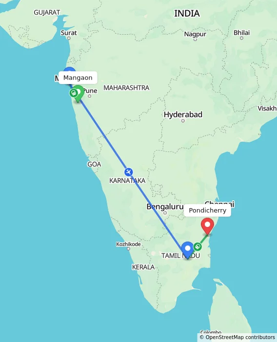 Route map showing distance and travel time from Mangaon, India to Puducherry, India