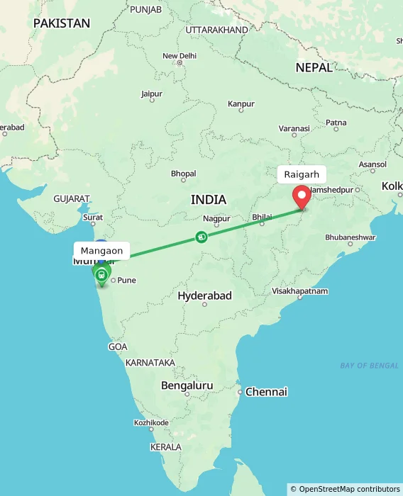 Route map showing distance and travel time from Mangaon, India to Raigarh, India