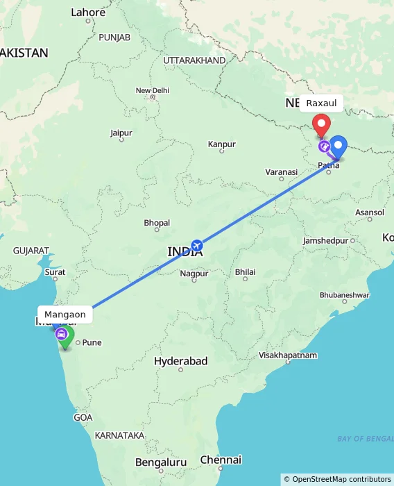 Route map showing distance and travel time from Mangaon, India to Raxaul, India