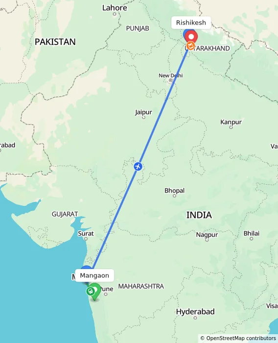 Route map showing distance and travel time from Mangaon, India to Rishikesh, India