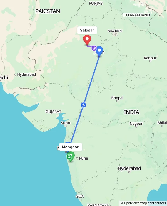 Route map showing distance and travel time from Mangaon, India to Salasar, India