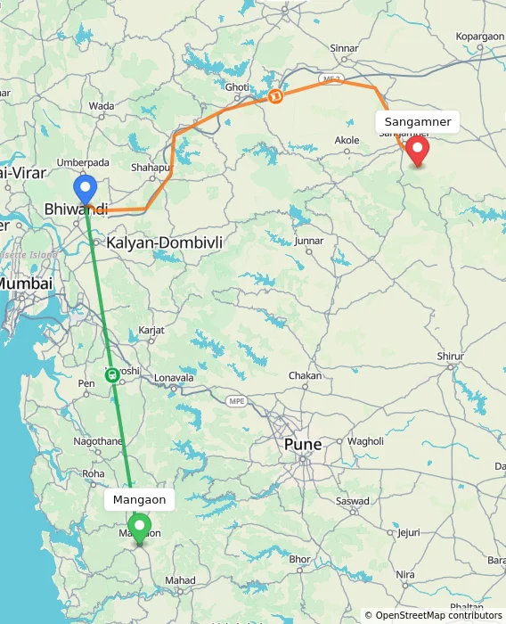 Route map showing distance and travel time from Mangaon, India to Sangamner, India