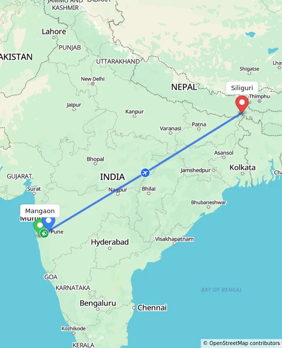 Route map showing distance and travel time from Mangaon, India to Siliguri, India