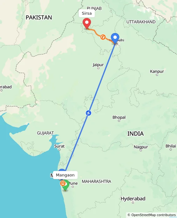 Route map showing distance and travel time from Mangaon, India to Sirsa, India
