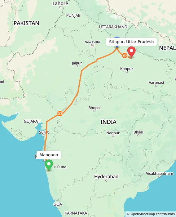 Route map showing distance and travel time from Mangaon, India to Sitapur, Uttar Pradesh, India