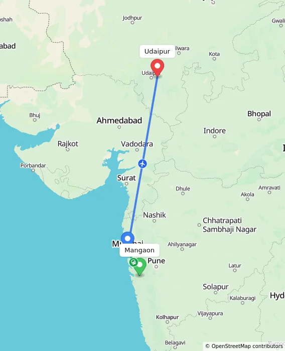 Route map showing distance and travel time from Mangaon, India to Udaipur, India