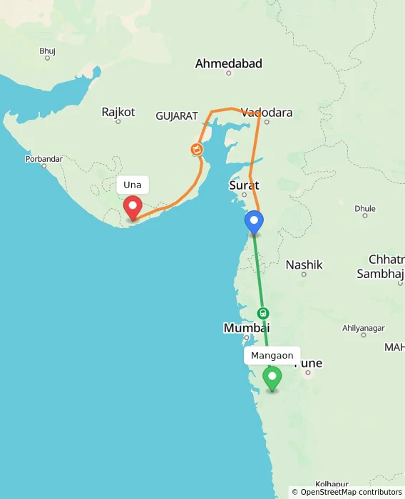 Route map showing distance and travel time from Mangaon, India to Una, India
