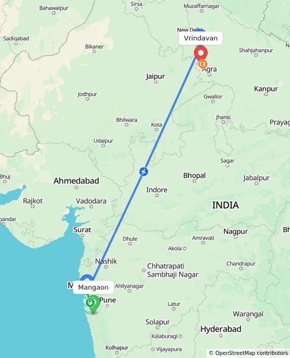 Route map showing distance and travel time from Mangaon, India to Vrindavan, India