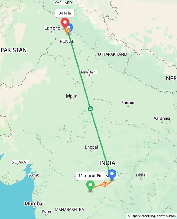 Route map showing distance and travel time from Mangrul Pir, India to Batala, India