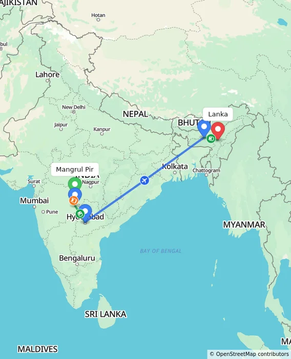 Route map showing distance and travel time from Mangrul Pir, India to Lanka, India