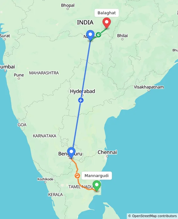 Route map showing distance and travel time from Mannargudi, India to Balaghat, India