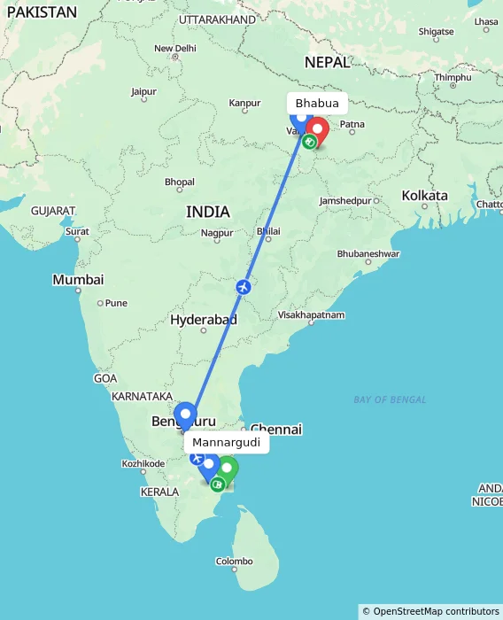 Route map showing distance and travel time from Mannargudi, India to Bhabua, India