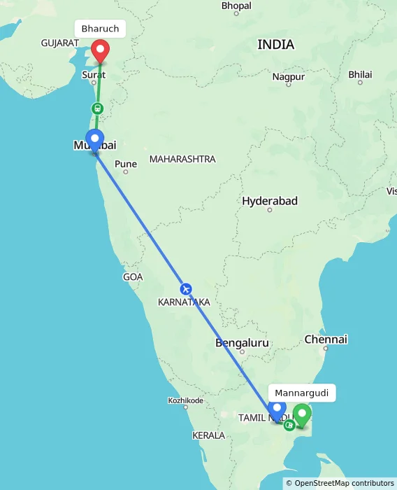 Route map showing distance and travel time from Mannargudi, India to Bharuch, India