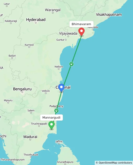 Route map showing distance and travel time from Mannargudi, India to Bhimavaram, India