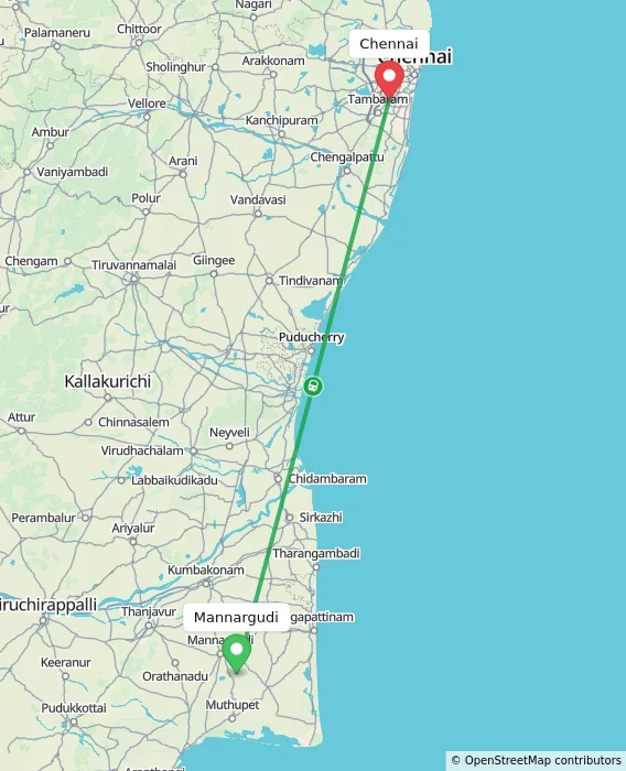 Route map showing distance and travel time from Mannargudi, India to Chennai, India