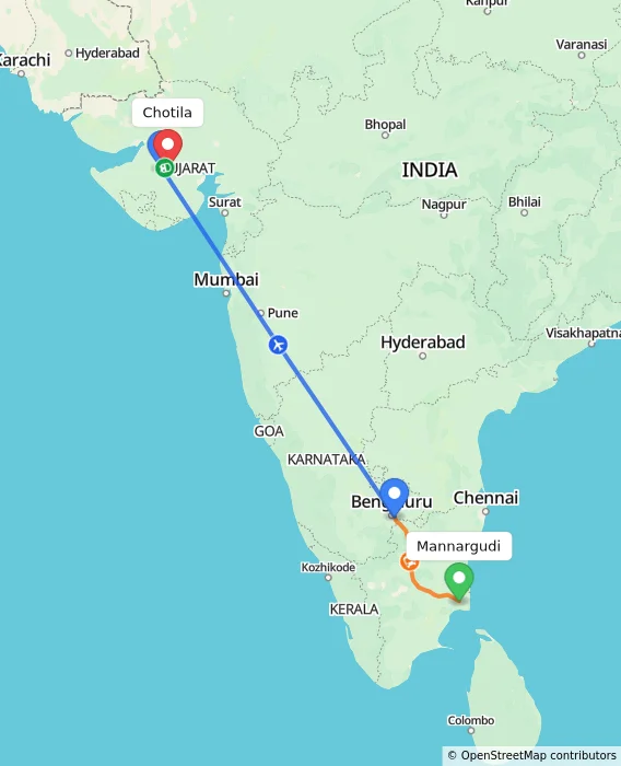 Route map showing distance and travel time from Mannargudi, India to Chotila, India