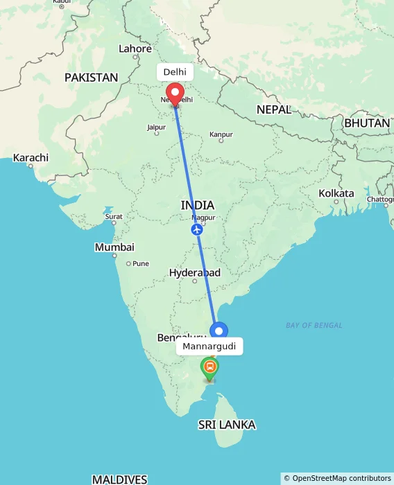 Route map showing distance and travel time from Mannargudi, India to Delhi, India