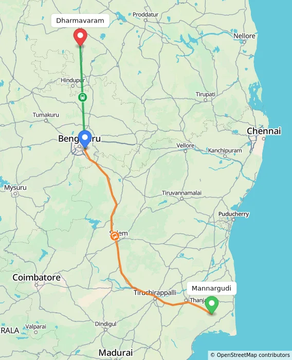 Route map showing distance and travel time from Mannargudi, India to Dharmavaram, India