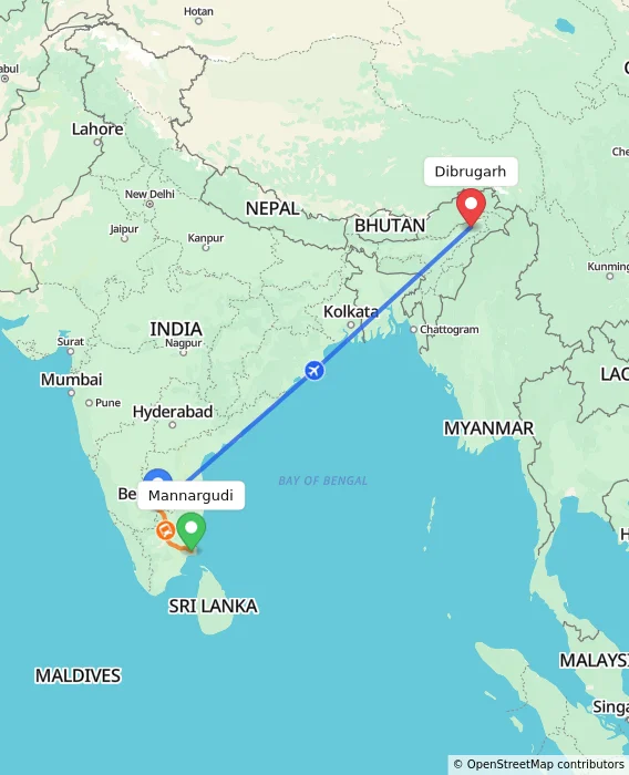 Route map showing distance and travel time from Mannargudi, India to Dibrugarh, India